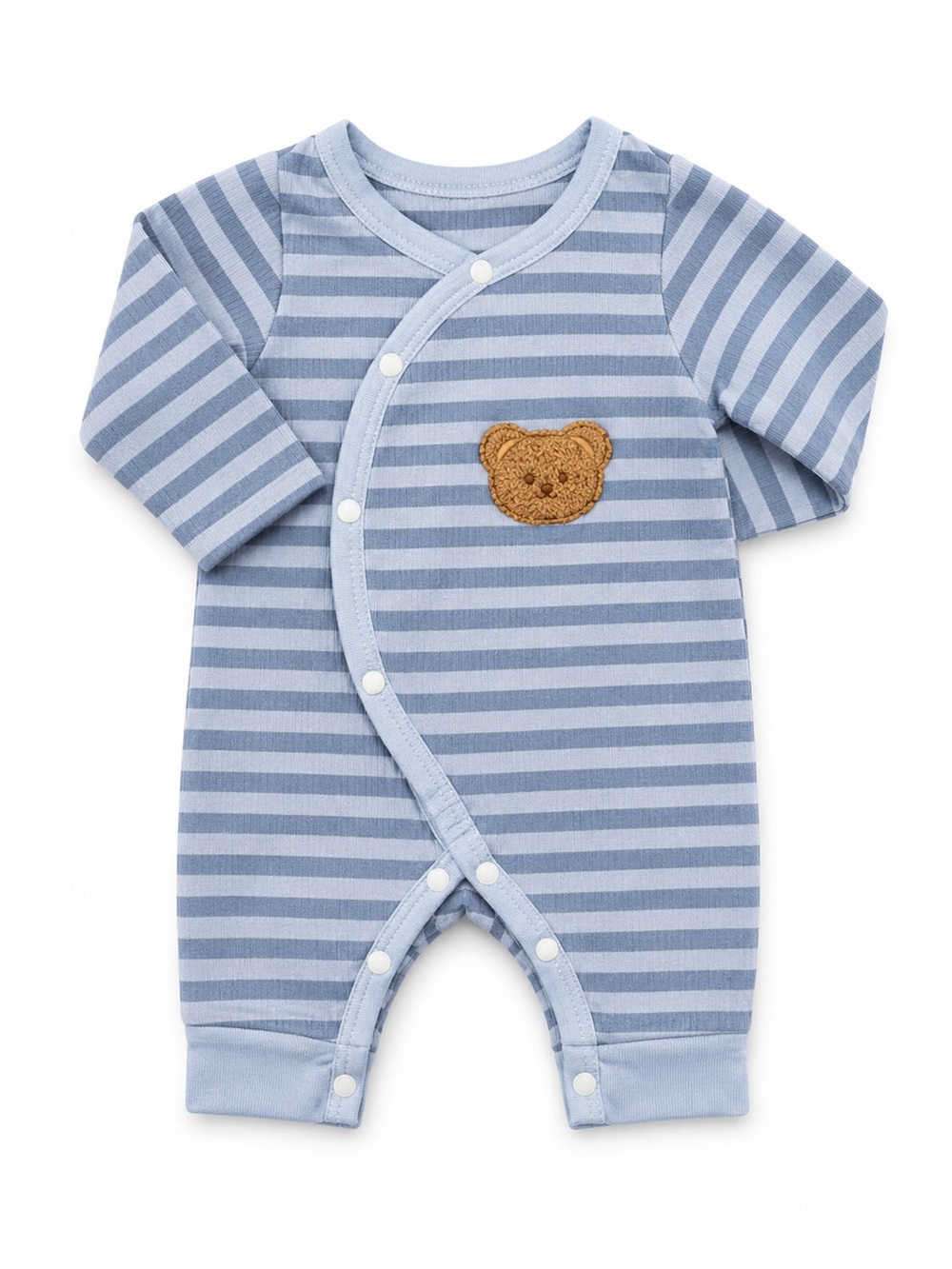 Blue Striped Baby Footie with Bear Applique